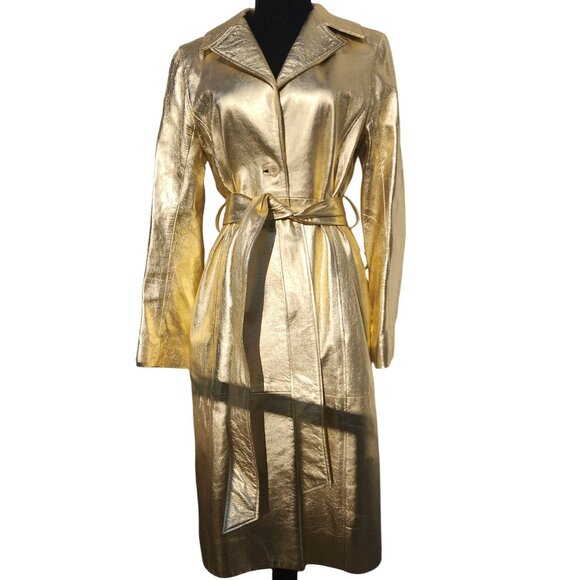 Glamorous Gold Metallic REAL Genuine Soft Leather Designer Jacket Coat Trench NW - Picture 6 of 16